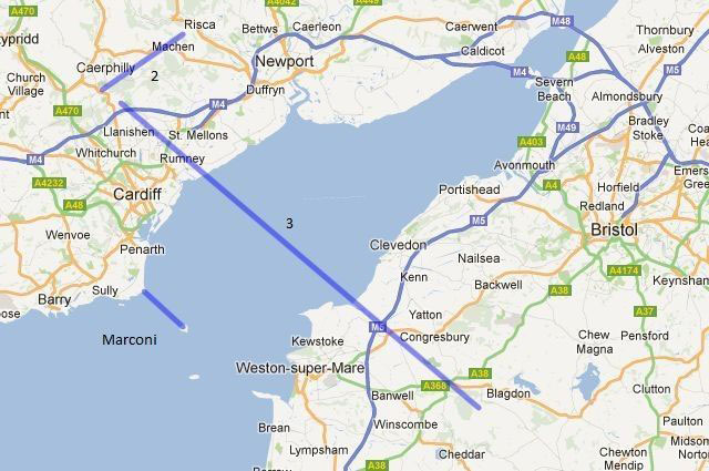 40公里連接測試的加的夫位置位于城市北部(海拔264米),40公里視線的另一端是位于布里斯托爾通道另一側的Mendips的Black Down(海拔325米)