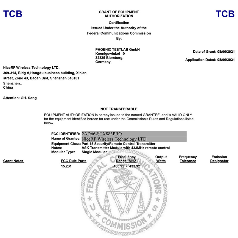 ASK模塊 STX883Pro FCC認(rèn)證證書