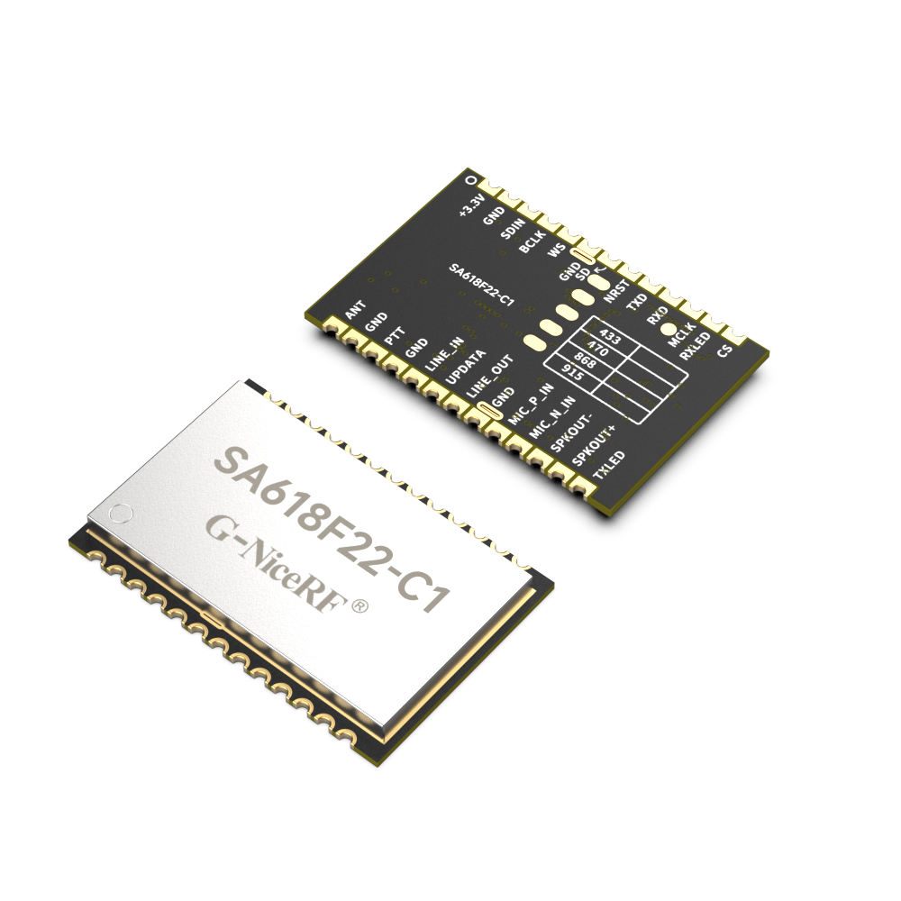 SA618F22-C1是我司一款升級(jí)版的無(wú)線(xiàn)數(shù)字和音頻二合一的全雙工傳輸模塊，具有更短的延時(shí)時(shí)間，同時(shí)支持8人同時(shí)高音質(zhì)通話(huà)。模塊支持多路并發(fā)并收功能，支持多級(jí)的中繼遠(yuǎn)傳、空中升級(jí)或者串口升級(jí)。模塊采用了寬帶擴(kuò)頻技術(shù)，具有功耗低、距離遠(yuǎn)、頻率調(diào)節(jié)靈活等特點(diǎn)。