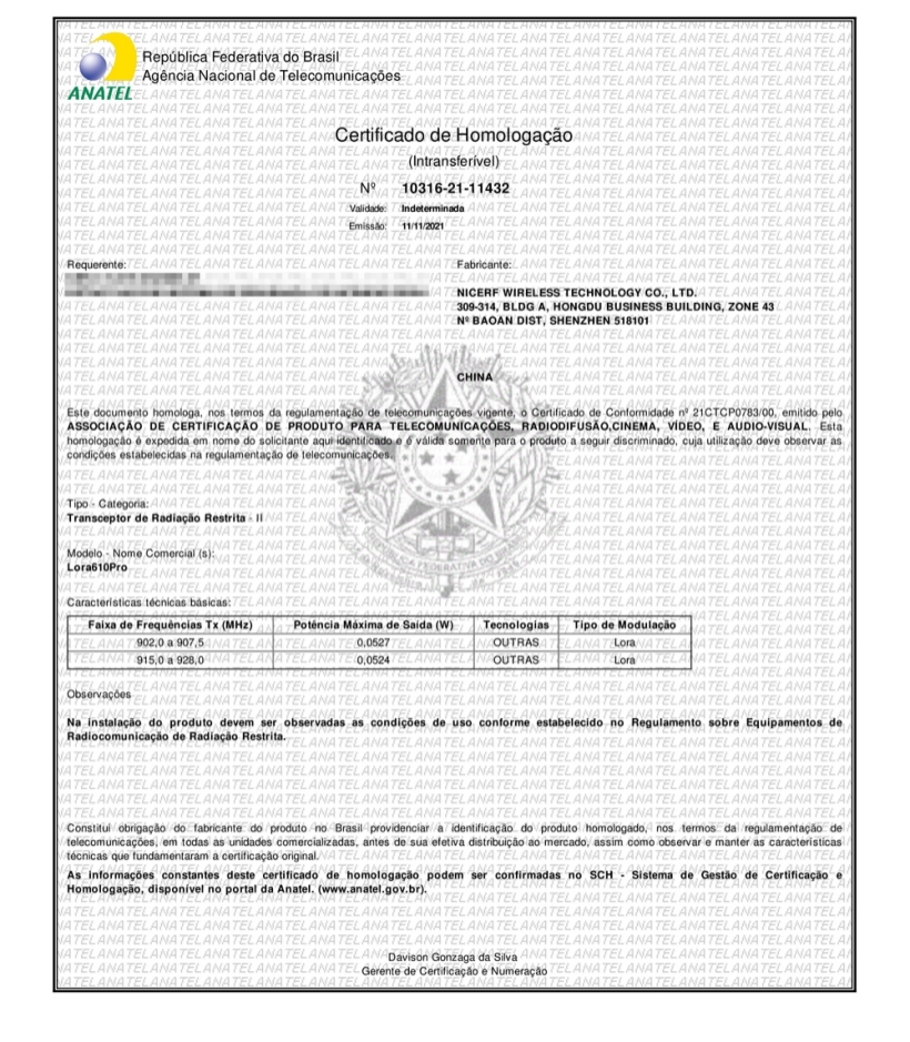 LoRa610Pro模塊 ANATEL證書